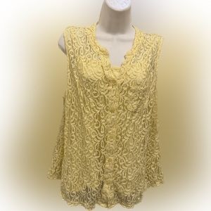 Style & Co Yellow Lace Sleeveless Button Up Shirt Size L Spring Summer